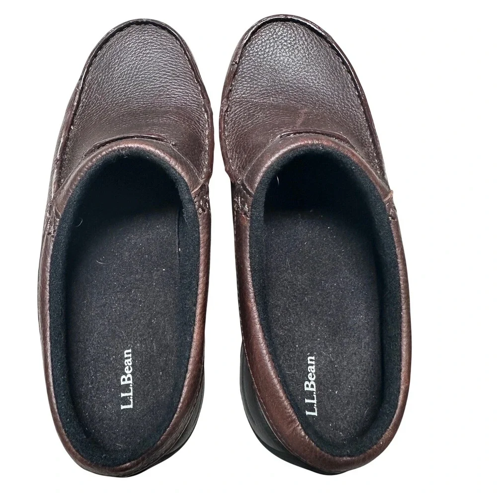 LL Bean Comfort Mocs Mens 9 Brown Tumbled Leather Slip On Mule Shoes 268224